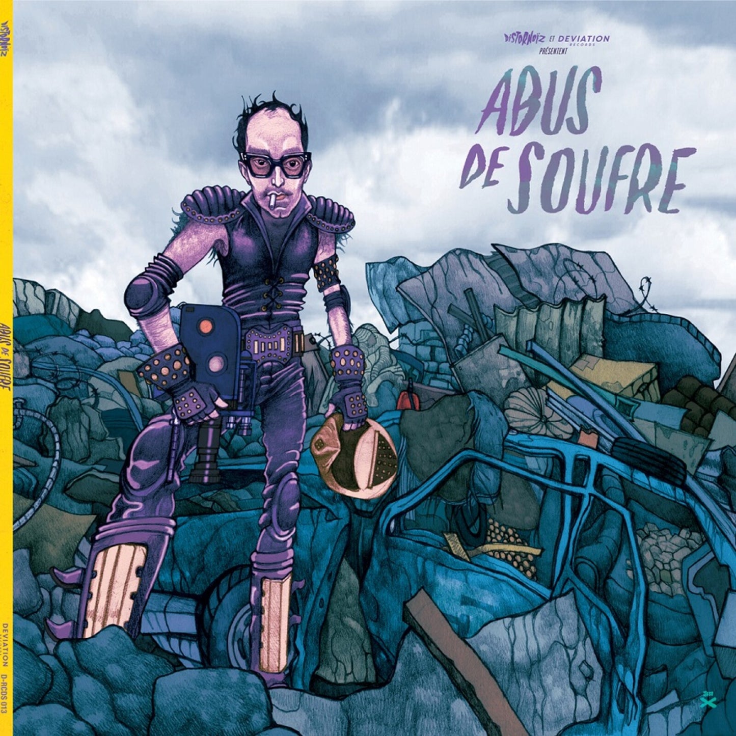 Illustration of a figure in a post-apocalyptic landscape, album cover.