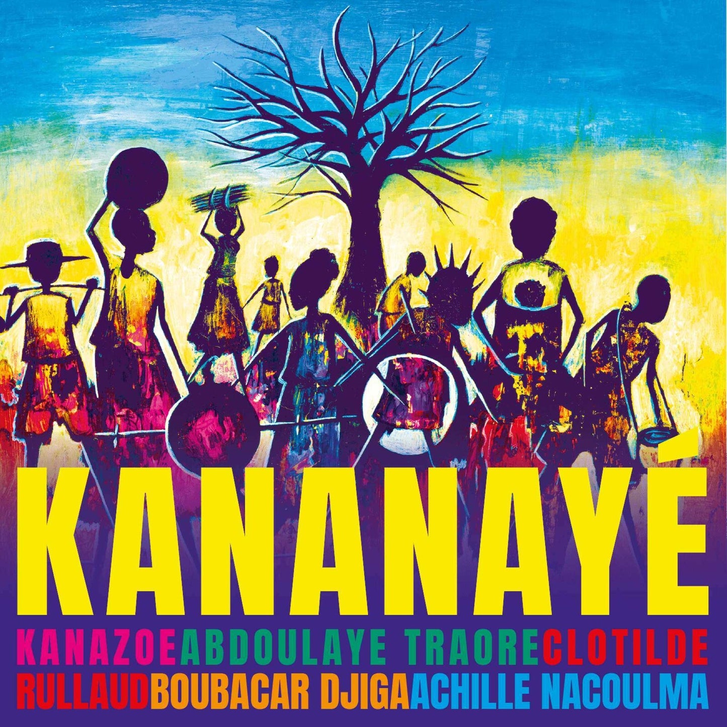 CD cover: stylized figures gathered under a tree, bold yellow text.