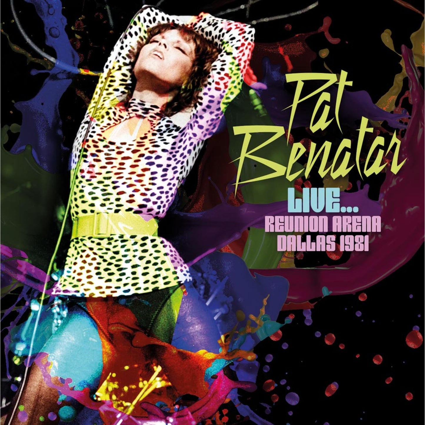 Pat Benatar album cover, colorful splash art, live concert imagery.