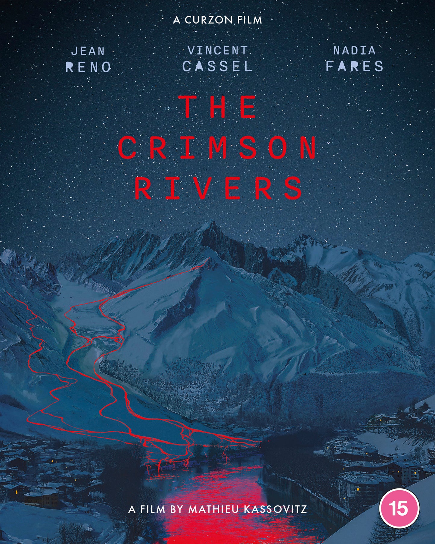 Movie poster for “The Crimson Rivers” with snowy mountains and red lines.