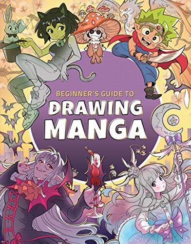 Book cover: “Beginner’s Guide to Drawing Manga” with fantasy character illustrations.