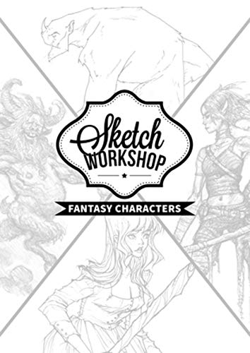 Black and white sketches of fantasy creatures and character designs.