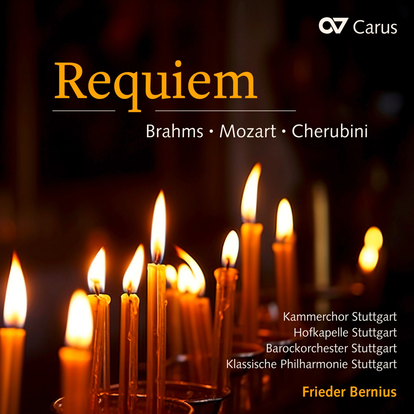 CD cover for “Requiem” featuring burning candles and golden text.