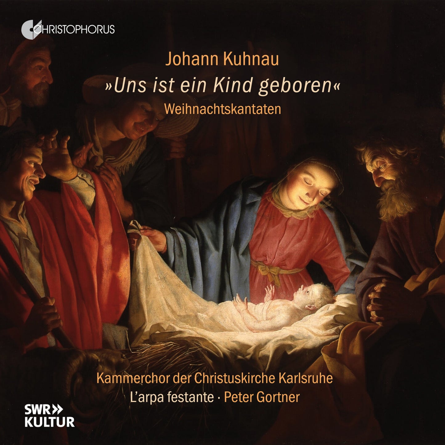 CD cover depicting the Nativity scene with figures surrounding baby Jesus.