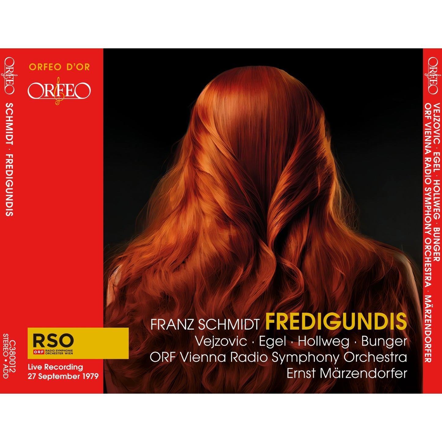 CD cover for "Fredigundis" by Franz Schmidt, featuring abstract red hair.