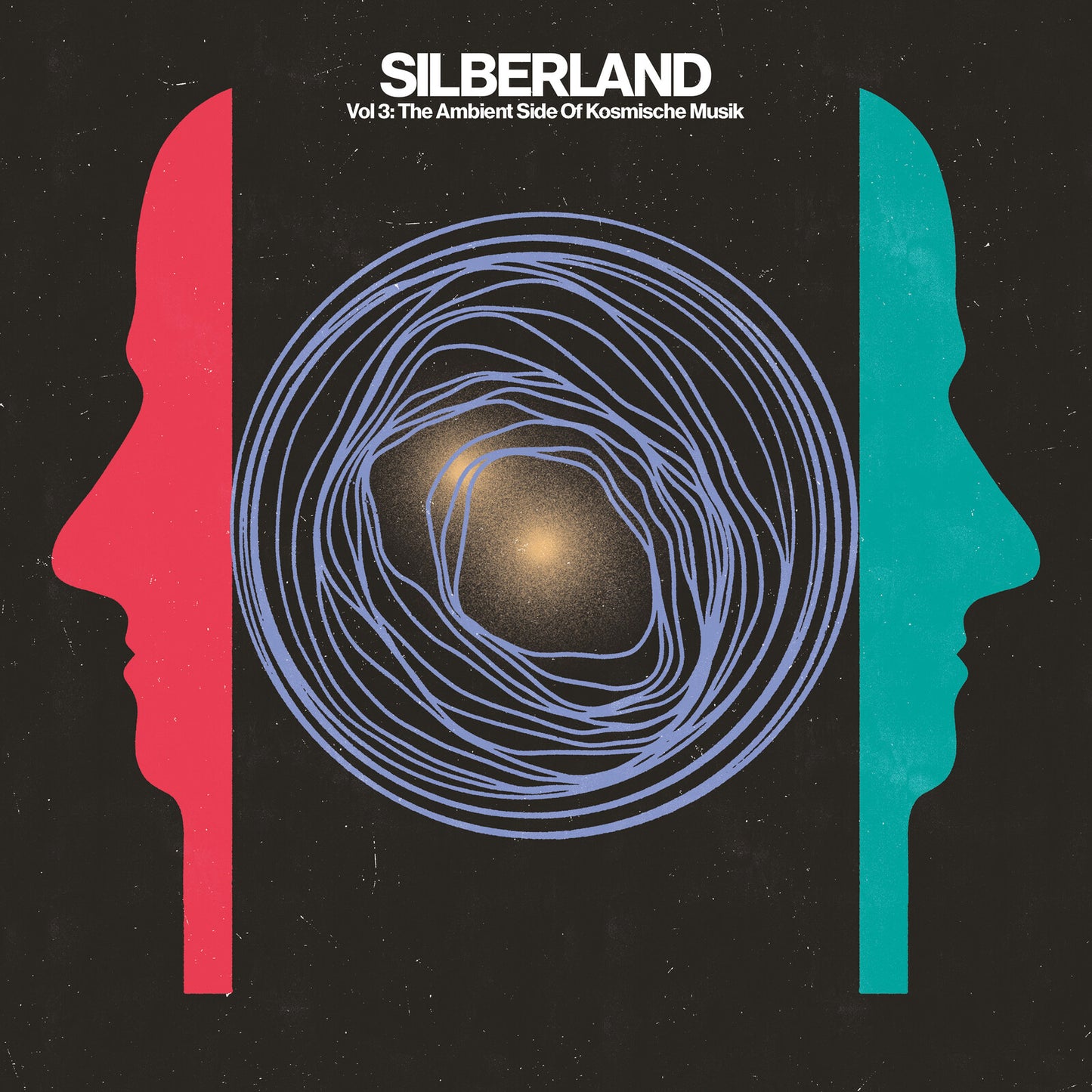 Silberland Vol 3 album cover: black background, red and teal profiles, spiral design.
