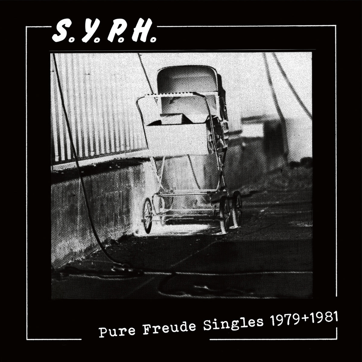 Black and white vinyl record cover featuring a vintage vehicle.