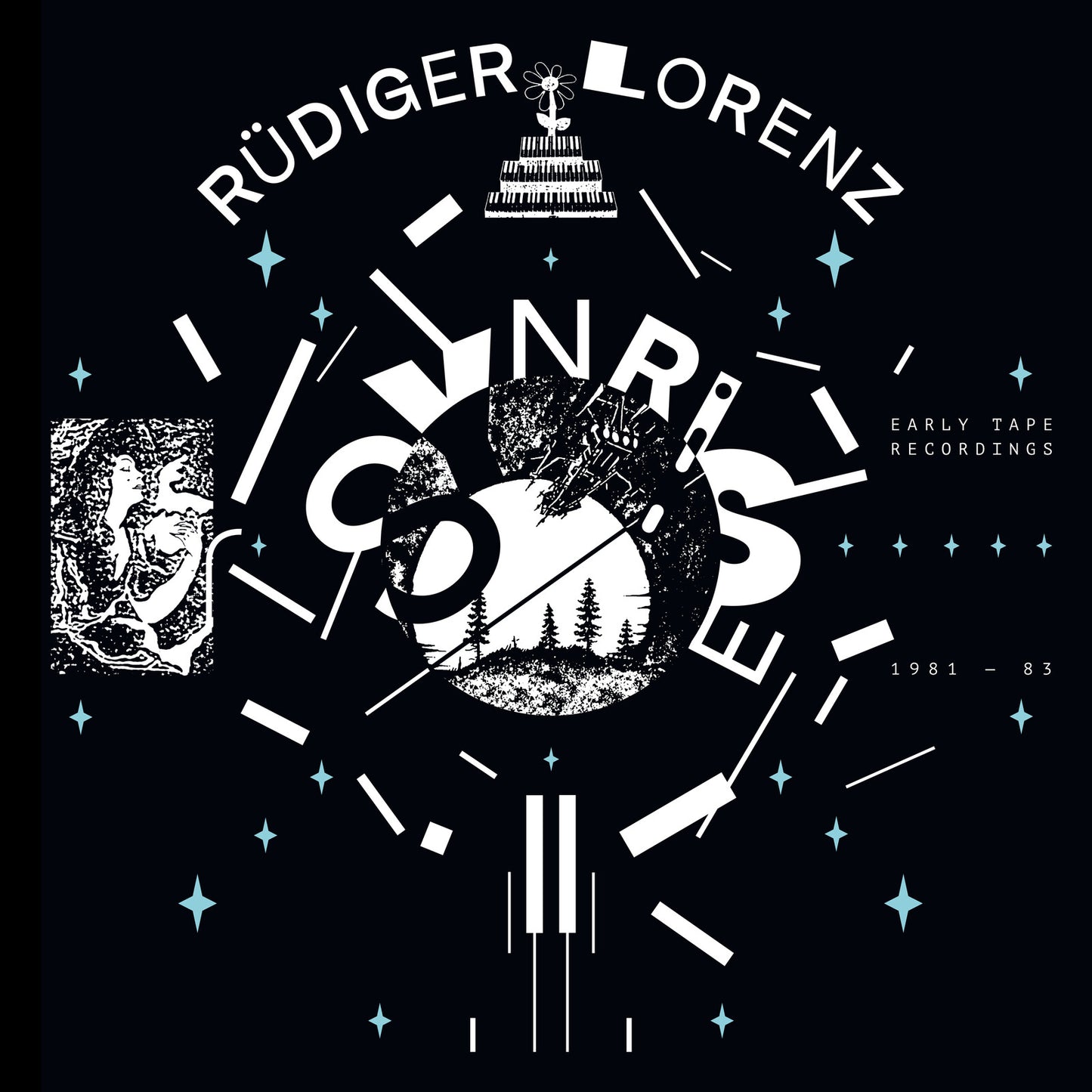 Black vinyl record cover with abstract design, keyboard, and forest imagery.
