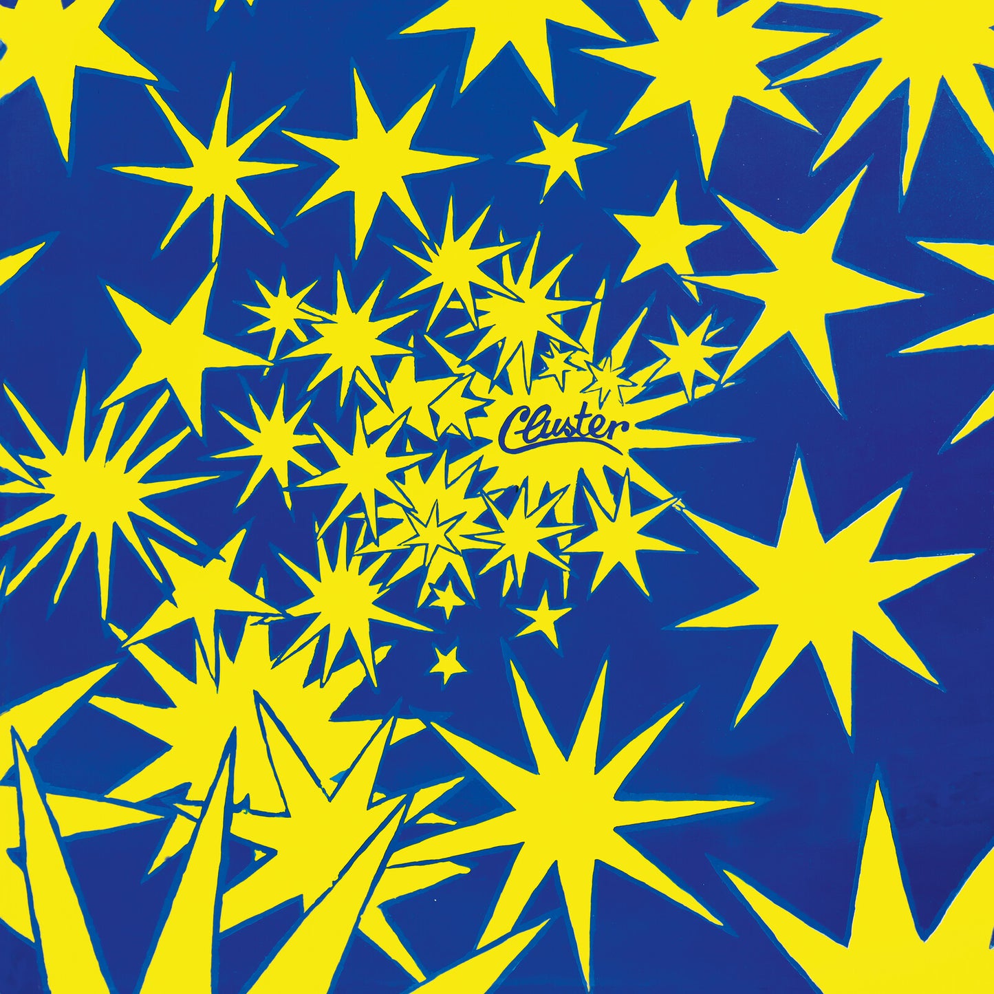 CD cover with a blue background and many bright yellow starbursts.