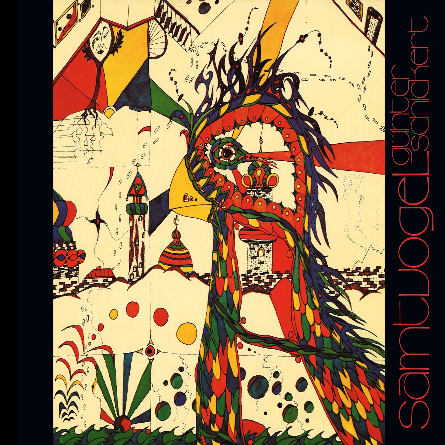 Psychedelic album cover featuring a colorful bird and abstract landscape.