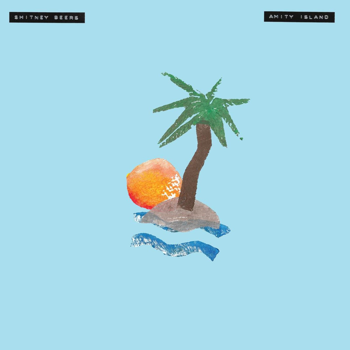 Album cover with a small island, palm tree, and sunset on blue background.