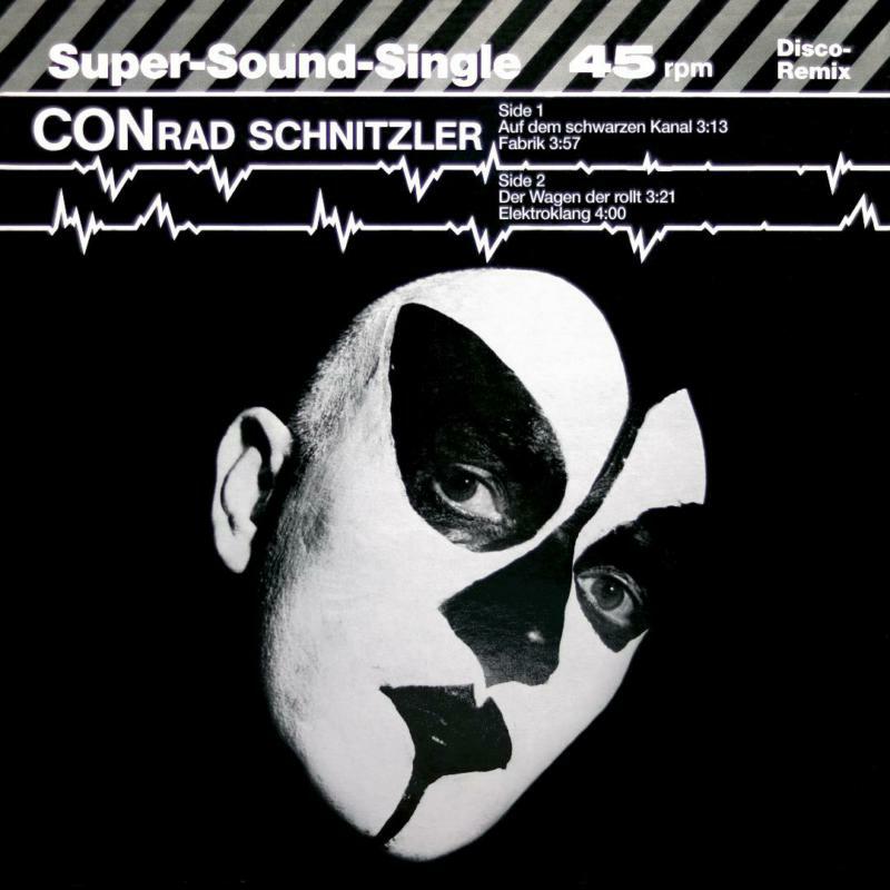 Black and white portrait of Conrad Schnitzler with distorted features, vinyl record.