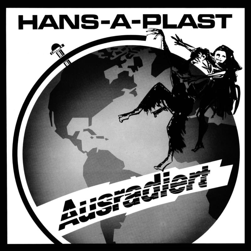 Black and white album cover with figures leaping around a globe.