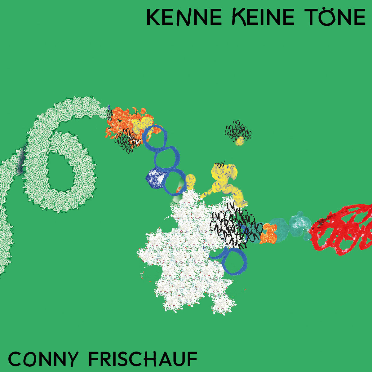 Green album cover with abstract colorful shapes and text “KENNE KEINE TÖNE”.