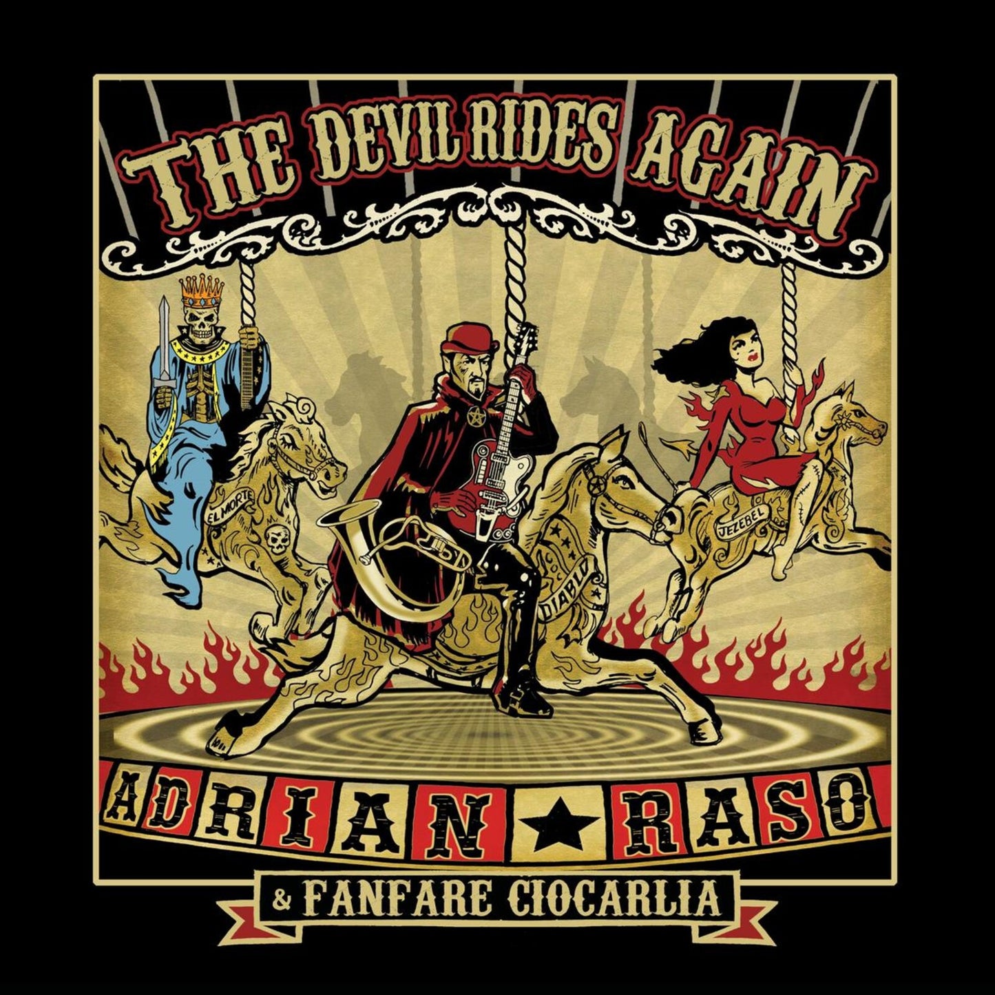 Album cover featuring a carousel with a skeleton, a guitarist, and a woman riding.