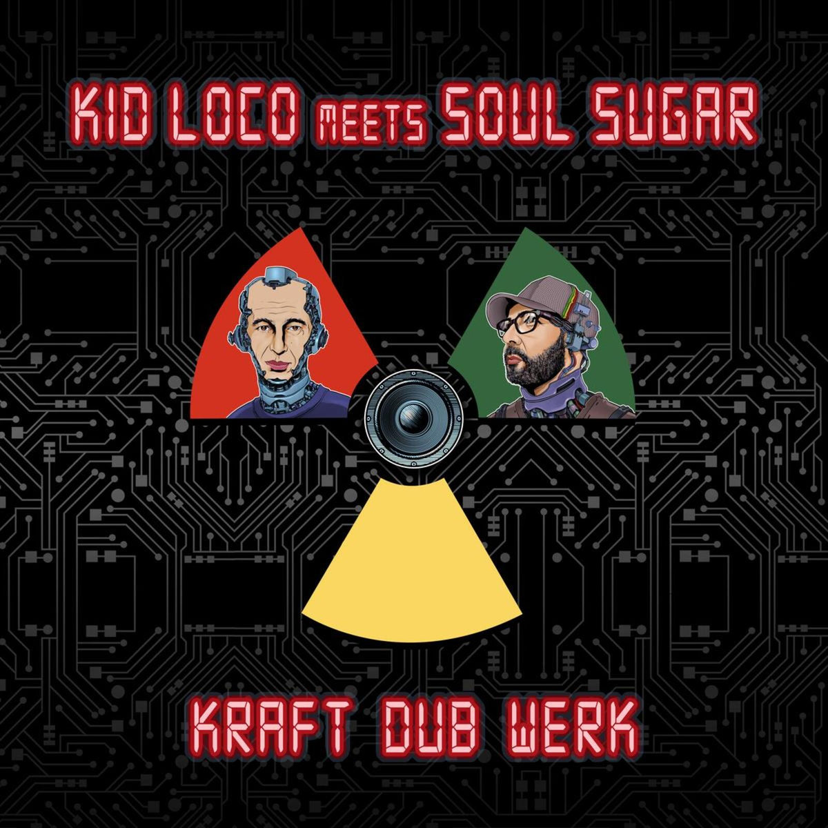 Vinyl record cover with two portraits and circuit board design.