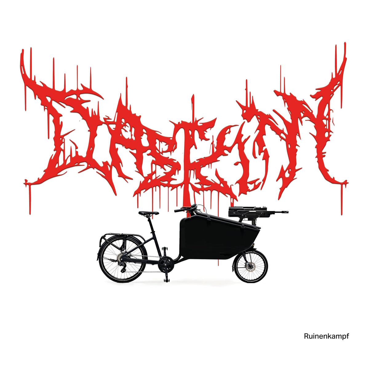 Vinyl album cover featuring a cargo bike with weaponry and red text.