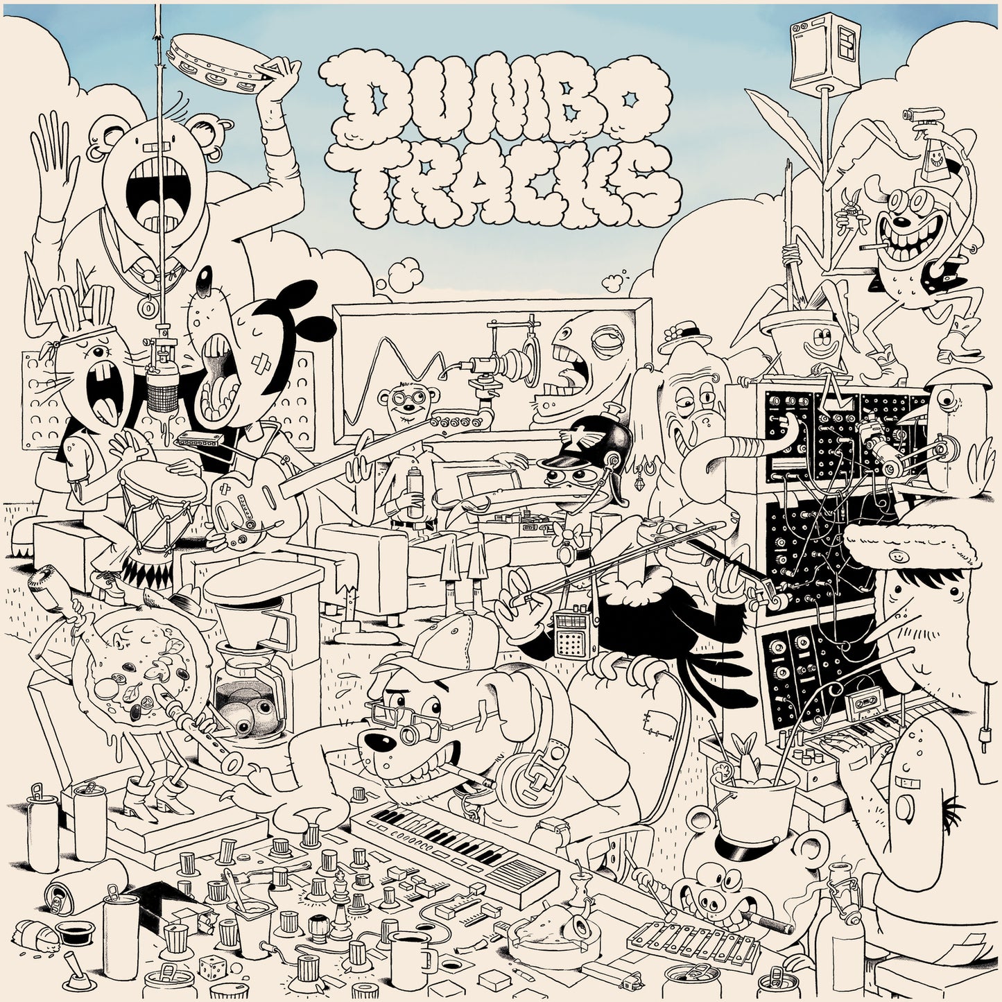 Detailed line art of cartoon characters operating vintage recording equipment.
