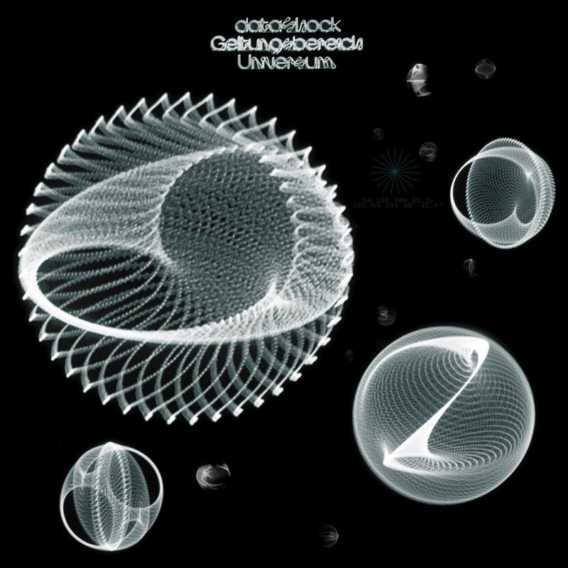 Black background with glowing white geometric shapes resembling orbits and spheres.