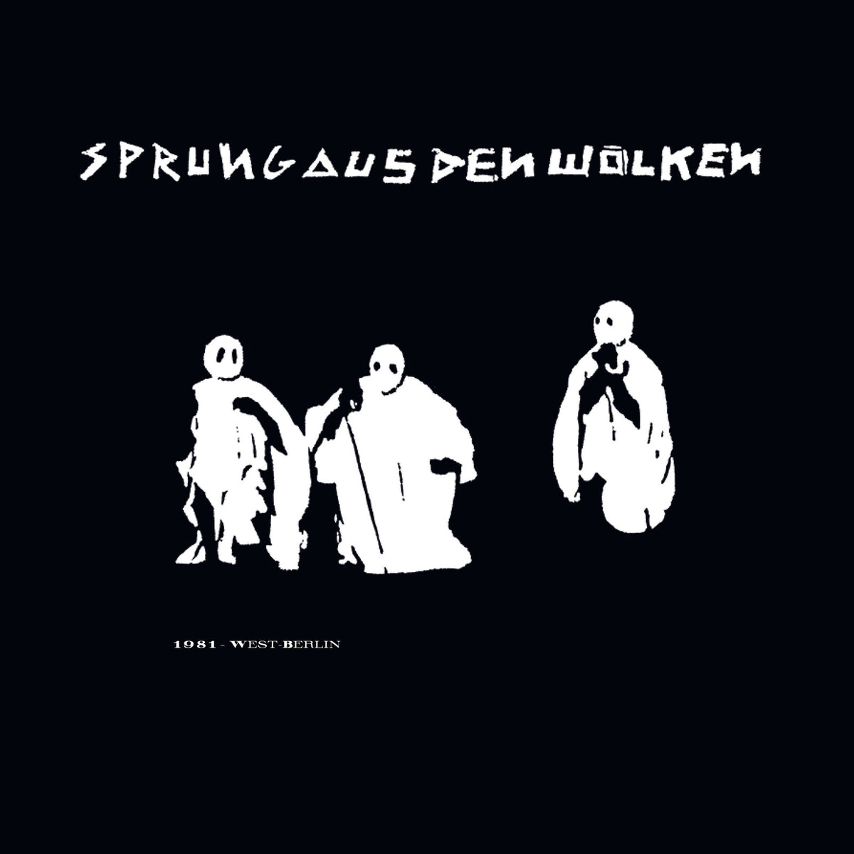 Black album cover with white figures and text, “SPRUNG AUS DEN WOLKEN”.