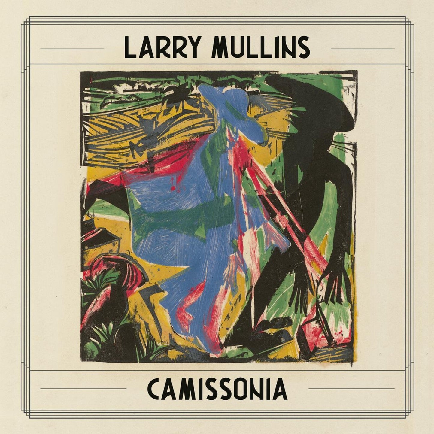 Album cover for Larry Mullins' "Camissonia" with abstract, colorful artwork.