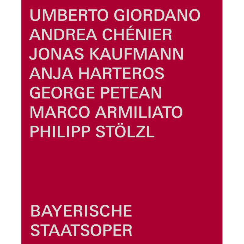 Red cover with white text listing opera āAndrea ChĆ©nierā cast and details.