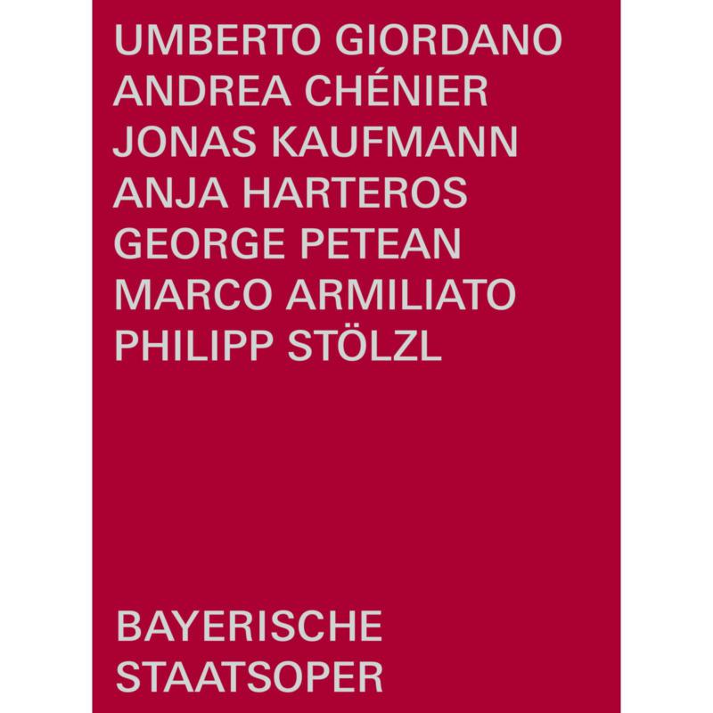 Red DVD cover for Giordano’s "Andrea Chenier" opera with cast names.