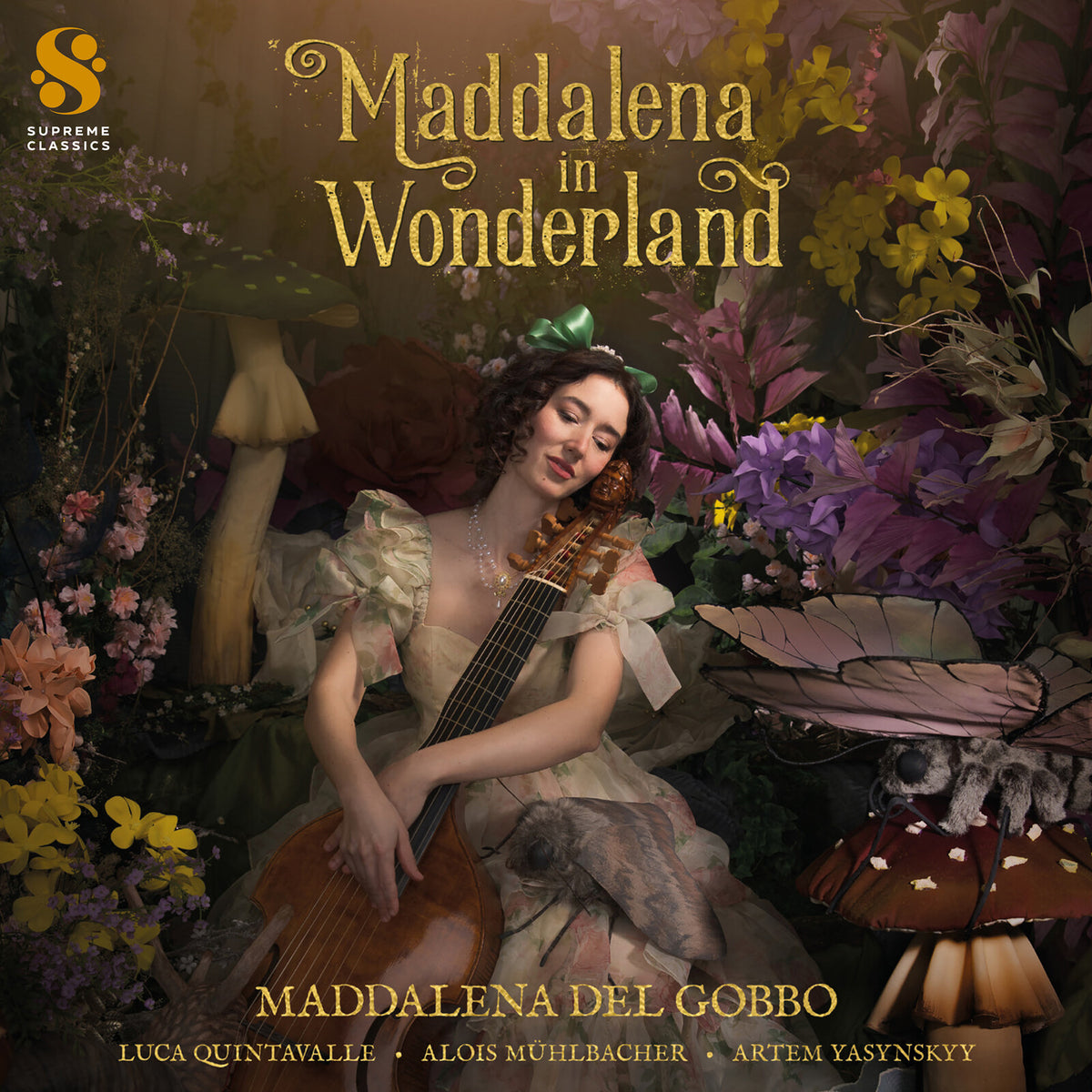 Woman with guitar in a fantastical, floral wonderland scene.