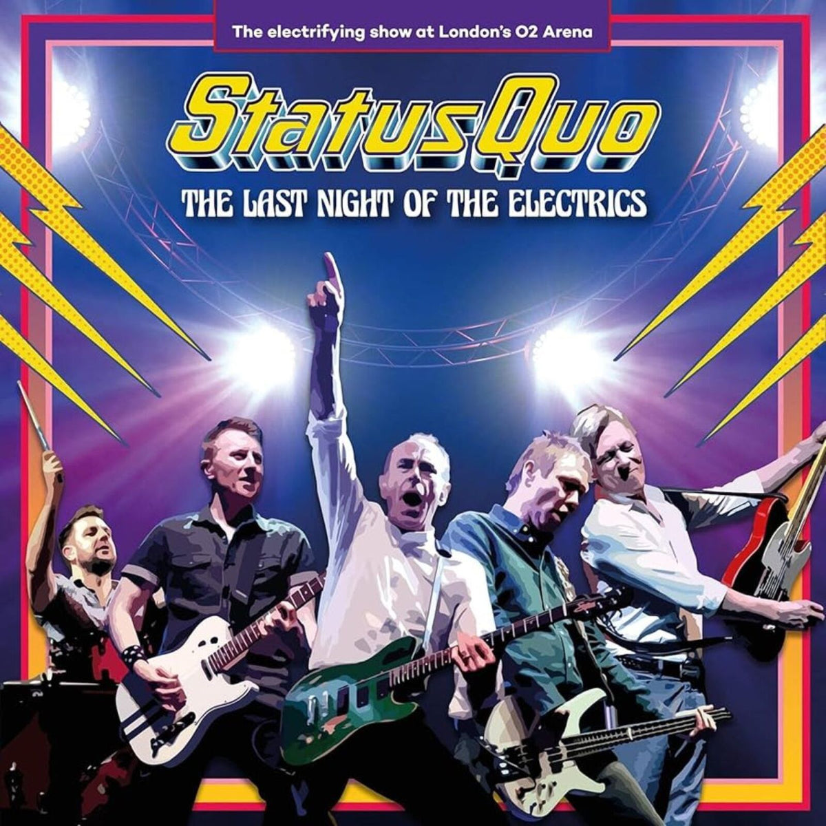Status Quo band performing live on CD cover, electric guitars visible.