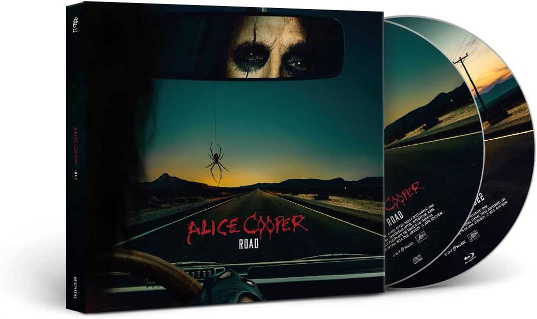 Alice Cooper "Road" CD case featuring a desert highway and spiderweb.