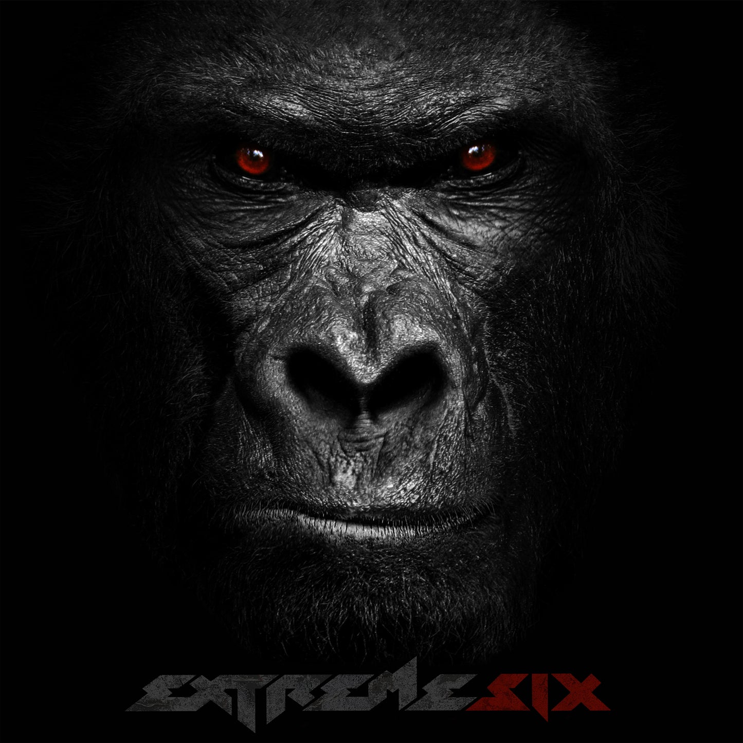 Close-up of a gorilla’s face with glowing red eyes and “EXTREME SIX” text.