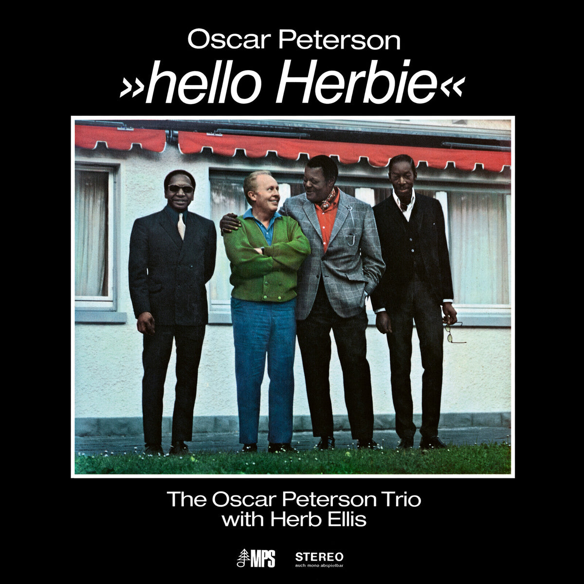 Album cover for Oscar Peterson’s “Hello Herbie” featuring four men in suits.