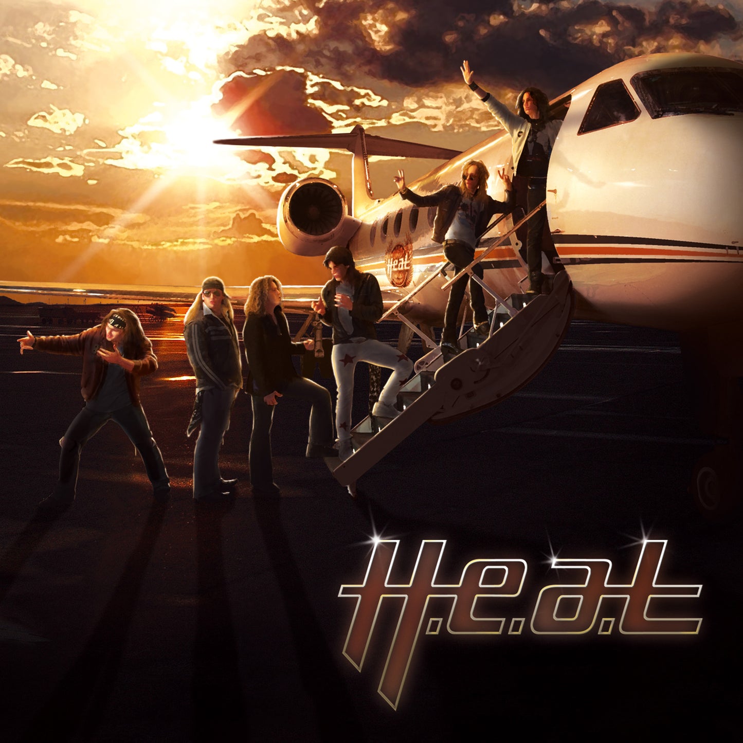 Band "Heat" posing on a tarmac in front of a private jet.