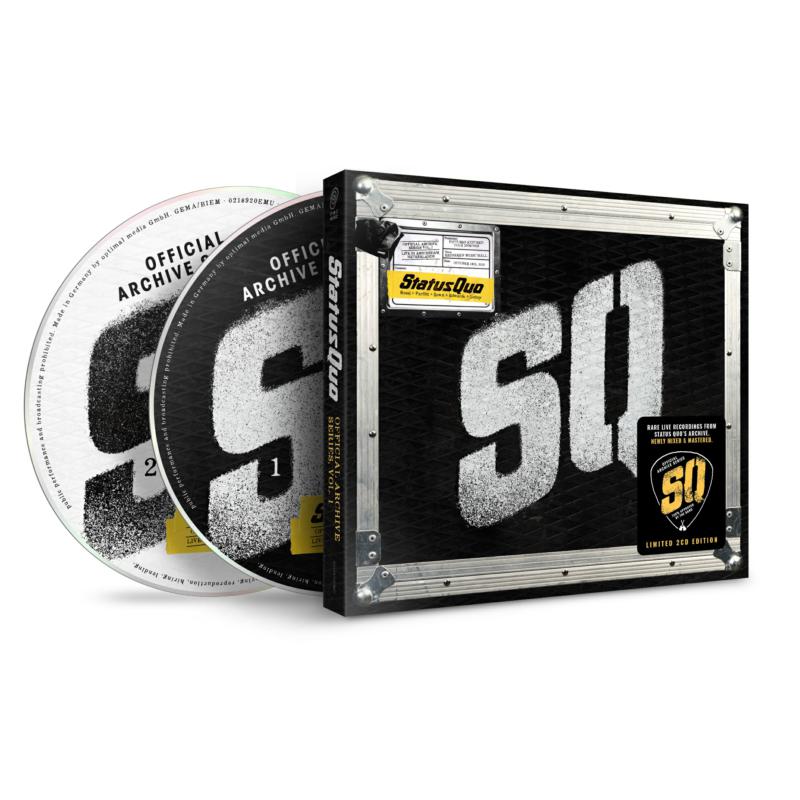 Status Quo CD in a metallic case, labeled “Official Archive – Vol. 1”.