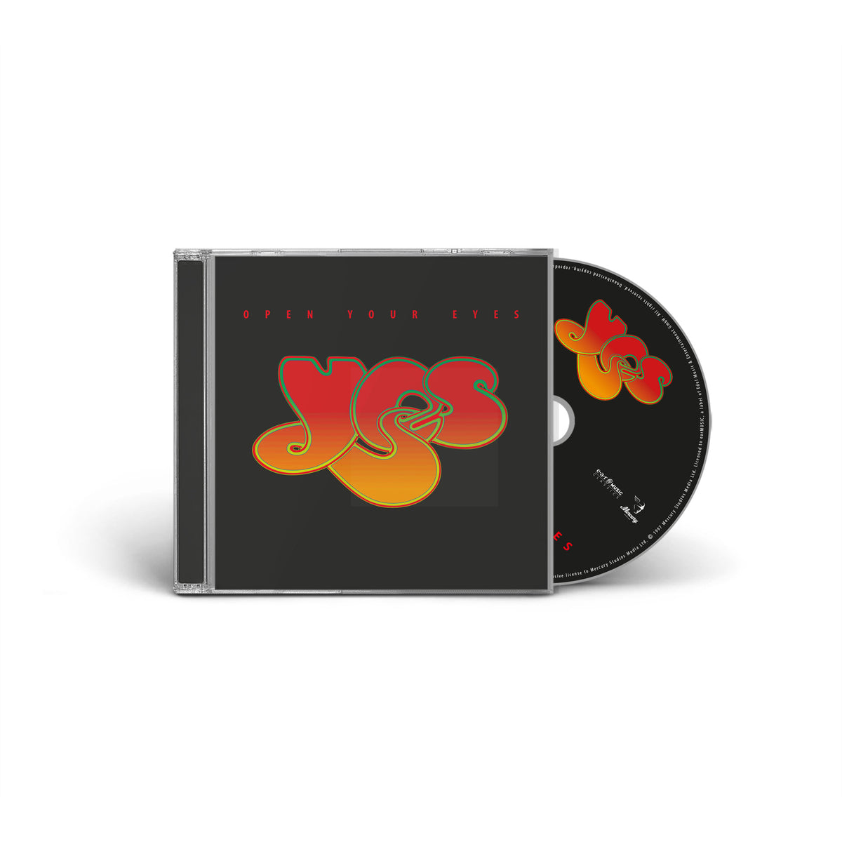 Yes "Open Your Eyes" CD case with red and orange stylized lettering.
