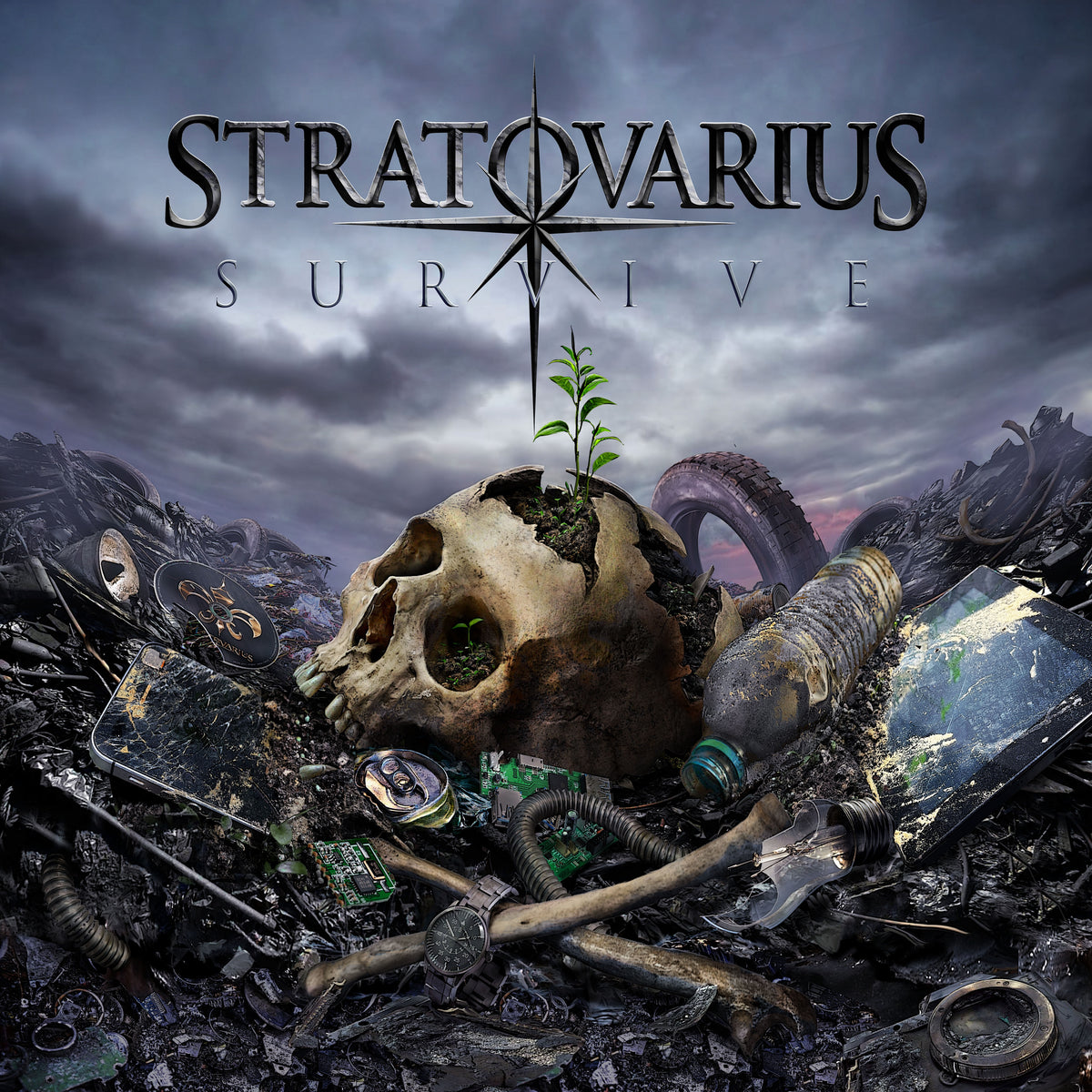 Stratovarius "Survive" CD cover: skull with plant amidst wreckage.