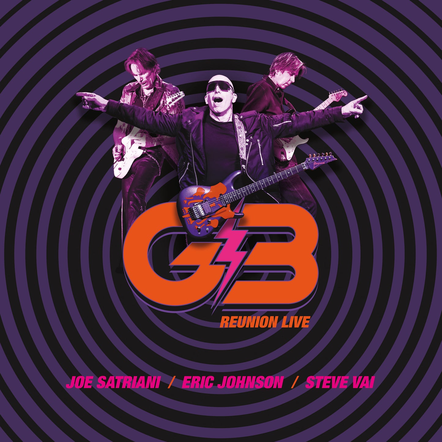 G3 album cover featuring three guitarists and a swirling purple background.
