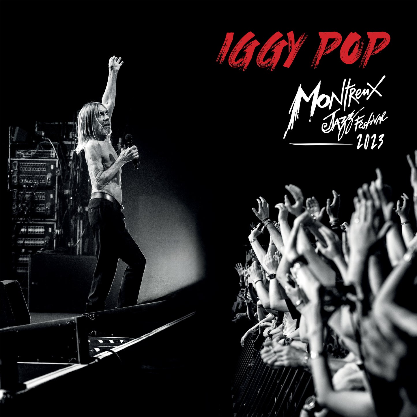 Iggy Pop performing live on stage with raised arms and a cheering crowd.