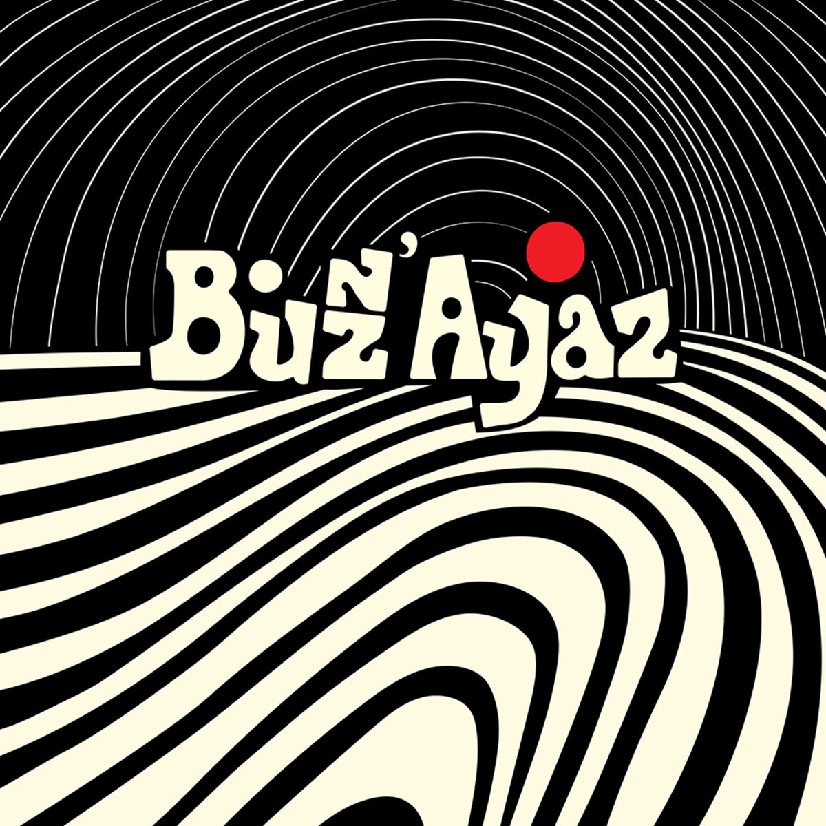 Vinyl record cover with swirling lines, red circle, and “Buzz’ Ayaz” text.
