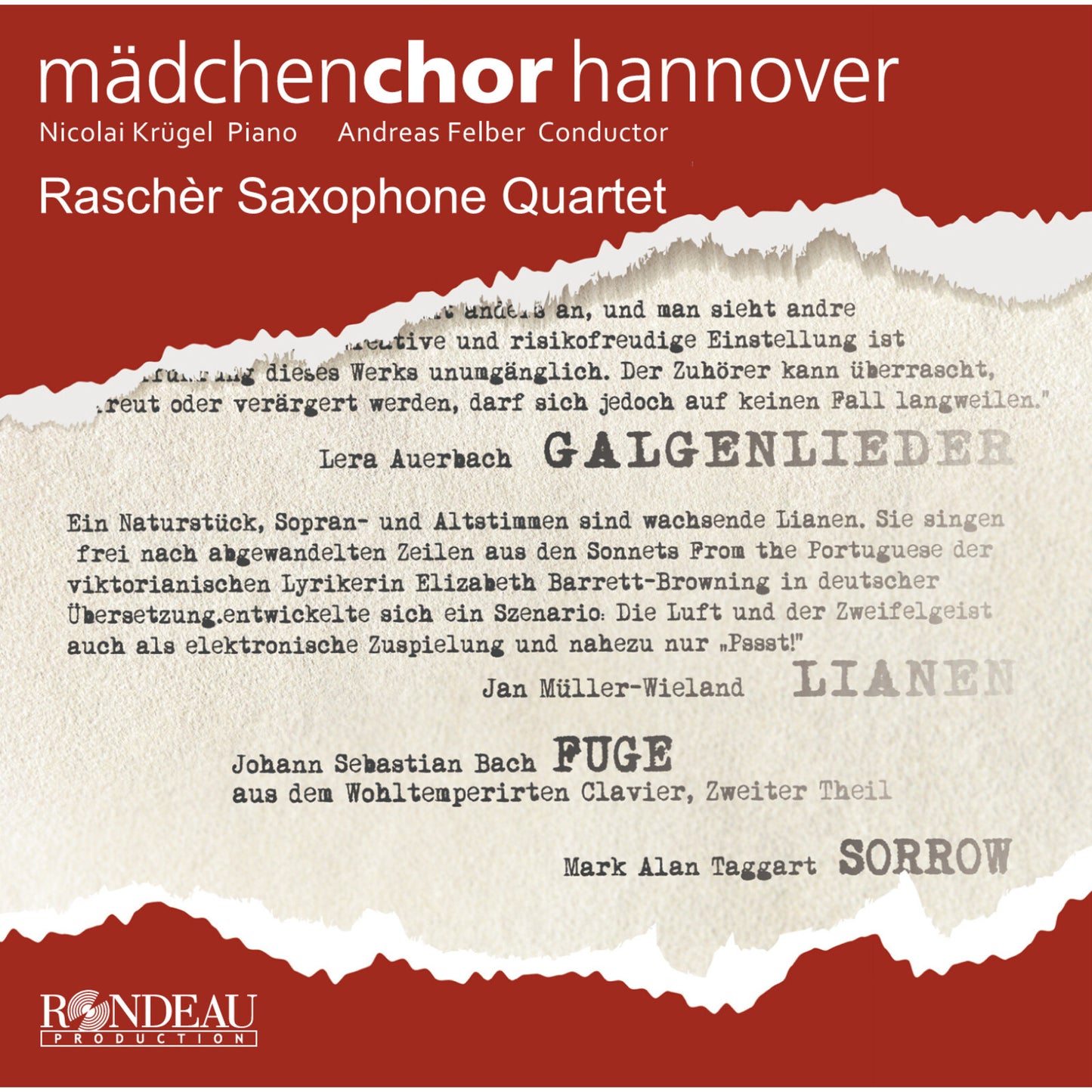 CD cover for āMadchenchor Hannover - Auerbach - Galgenliederā with red accents.