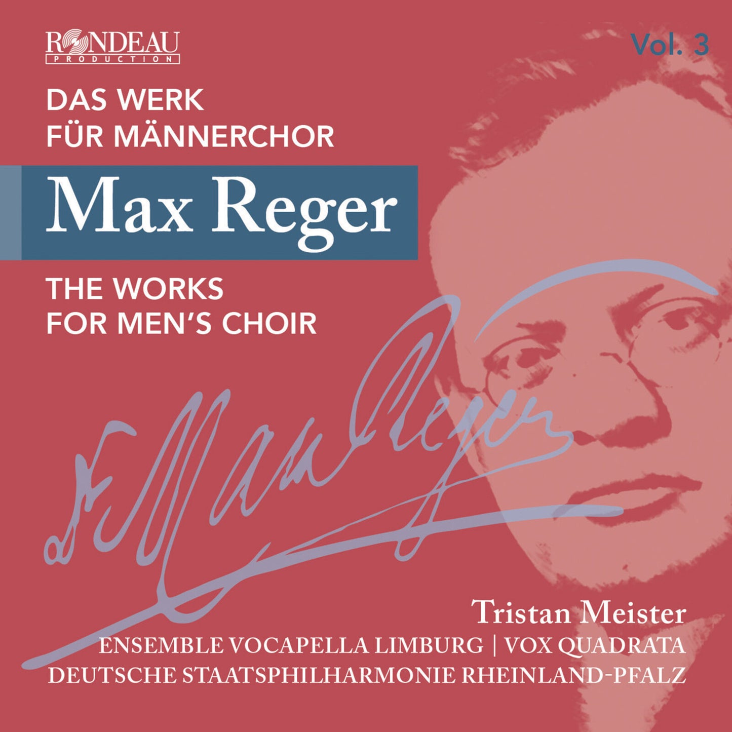CD cover for Max Reger’s works for men’s choir, featuring a portrait.