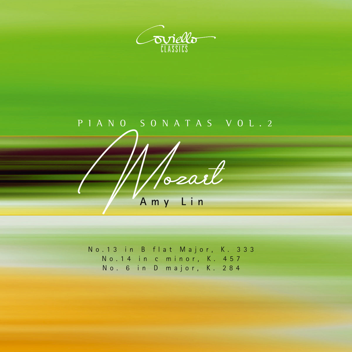 CD cover for Amy Lin’s Mozart Piano Sonatas Vol. 2, green and gold.