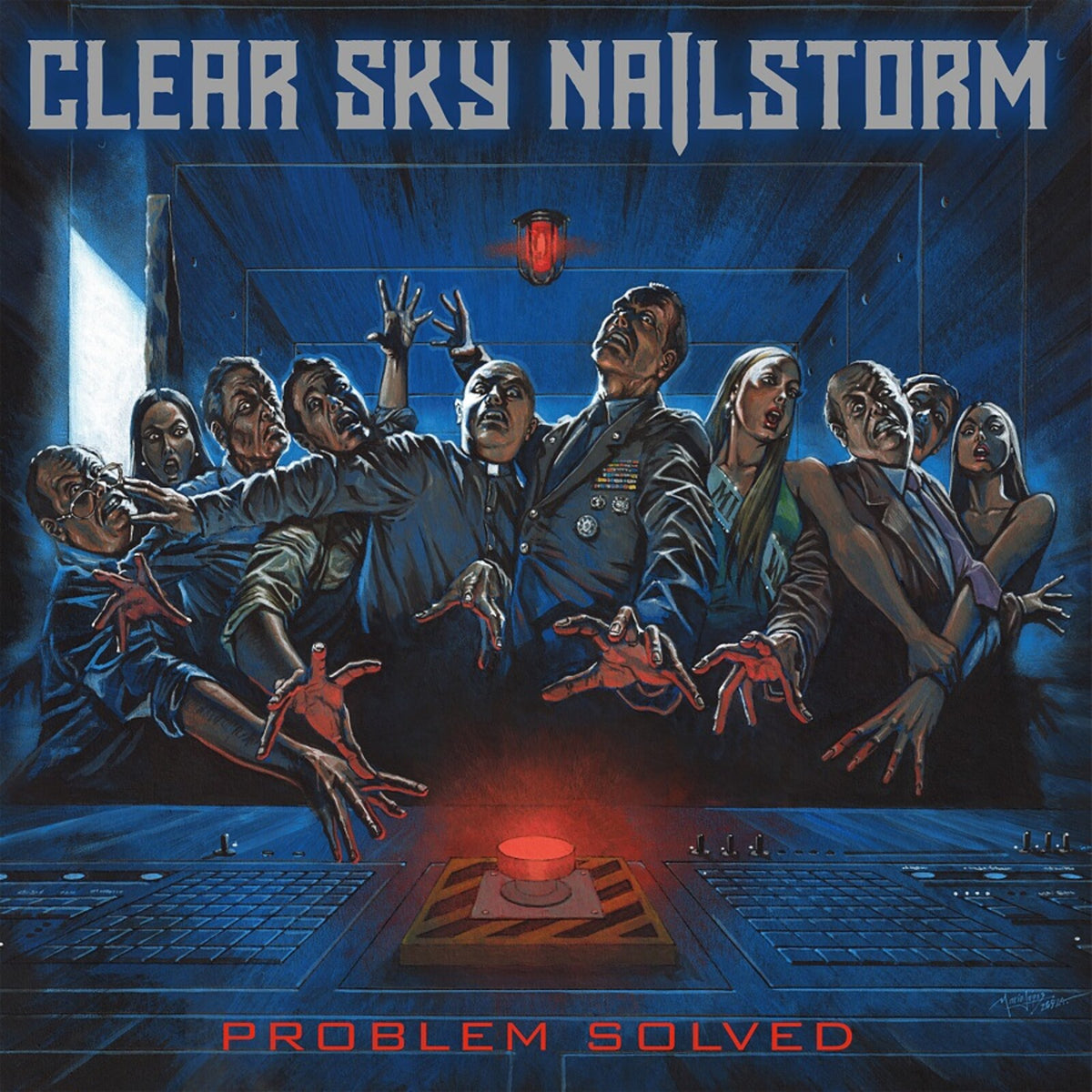 CD cover: group of people reaching for a man above a red button.