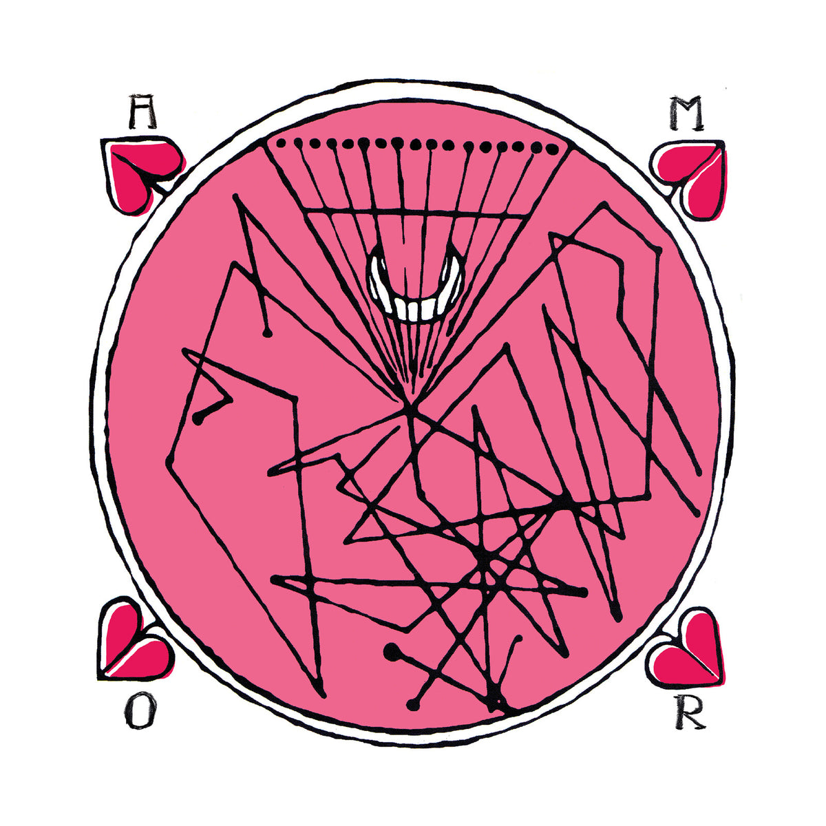 Pink circular design with black lines, teeth, and playing card suits.
