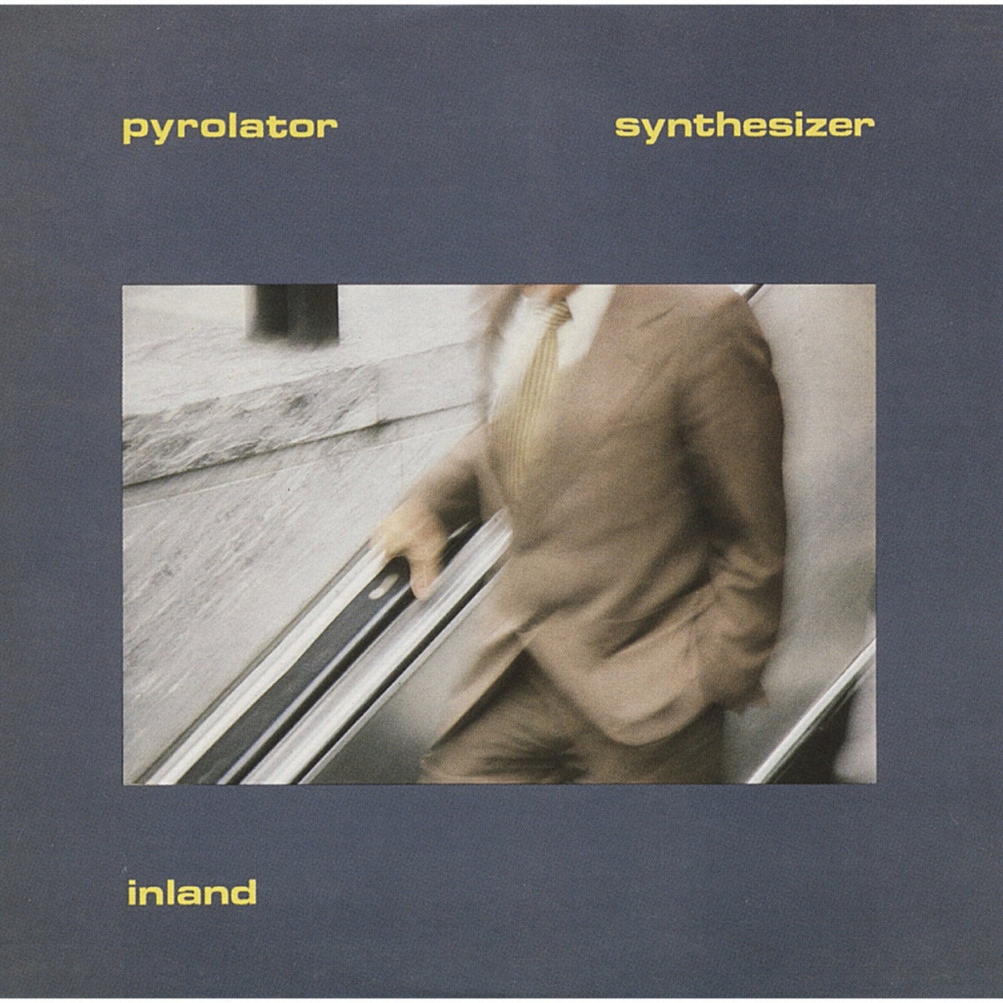 Album cover for Pyrolator's "Inland" featuring a blurred man on stairs.