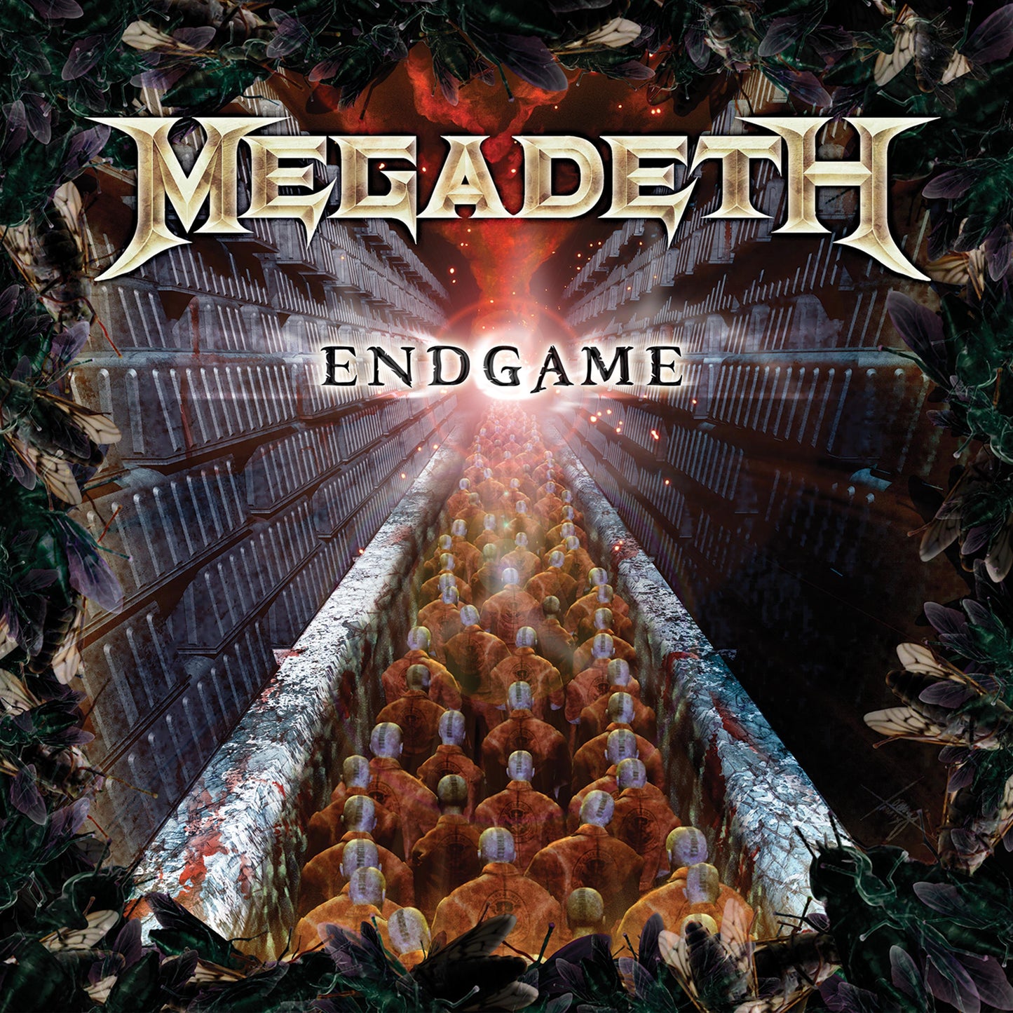 Megadeth Endgame album cover showing a line of prisoners in orange jumpsuits framed by flies.