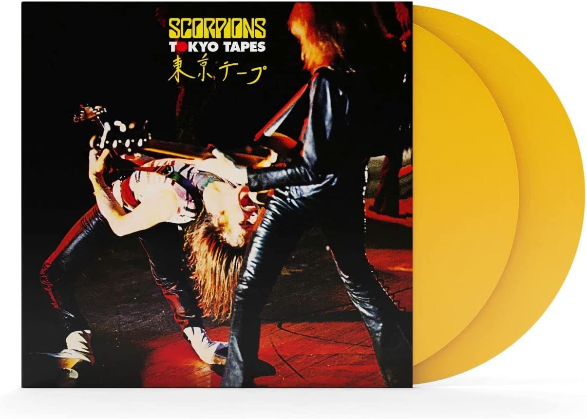 Scorpions "Tokyo Tapes" vinyl record with yellow coloring and band image.