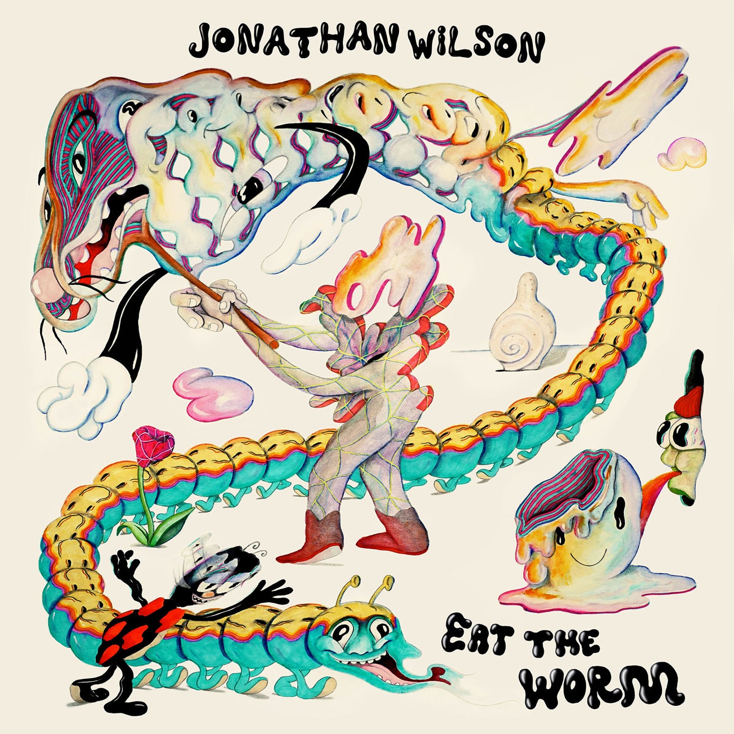 Album cover for Jonathan Wilson’s “Eat The Worm” featuring surreal, colorful artwork.