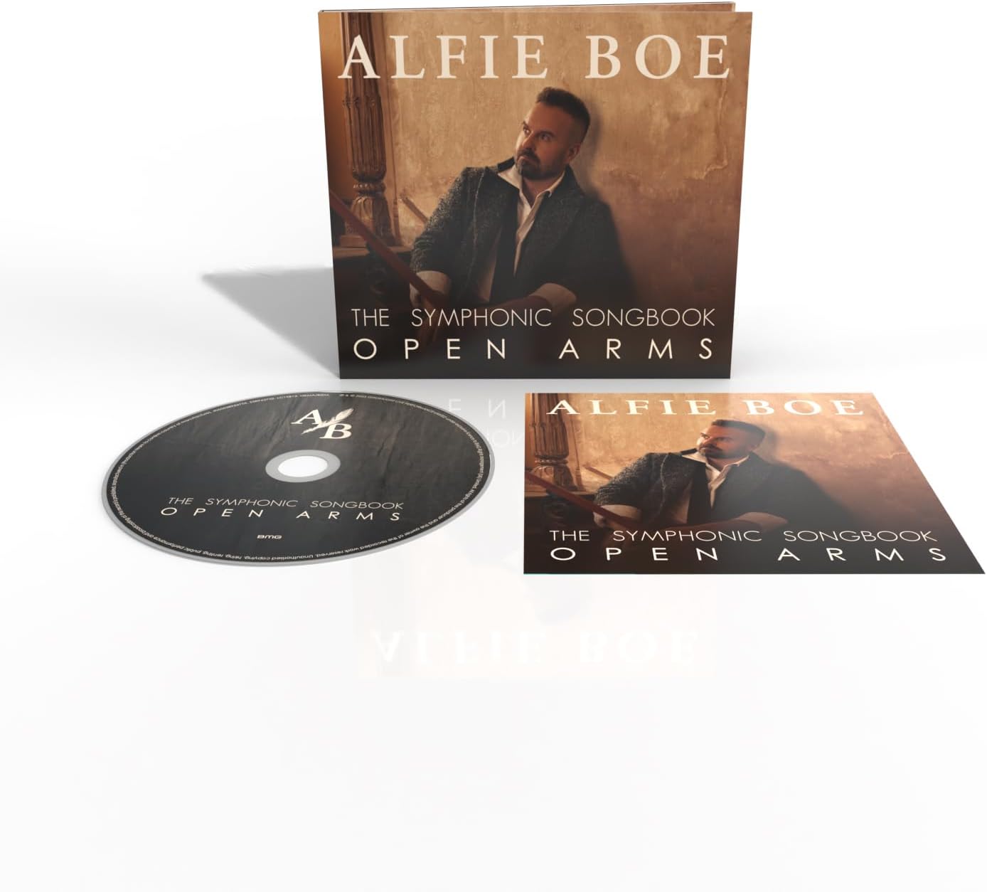 Alfie Boe “Open Arms” CD packaging and disc on a textured surface.