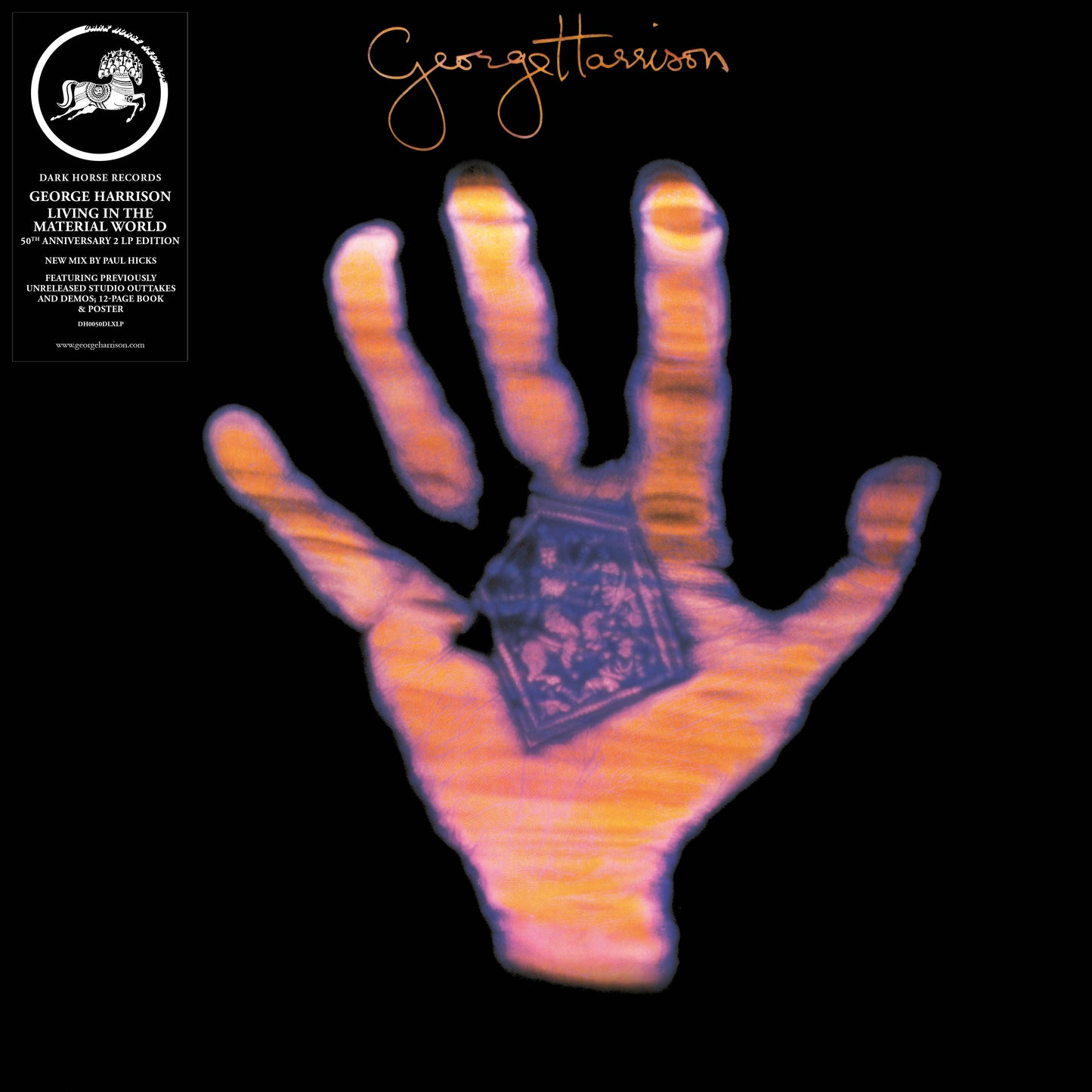 George Harrison “Living in the Material World” vinyl album cover with hand image.